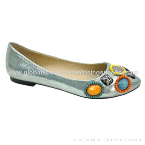 Women's trendy flat pointed toe casual shoes, sparkle fabric upper, decorated with tropical stonesNew